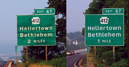 side-by-side comparison of signs using Highway Gothic and Clearview